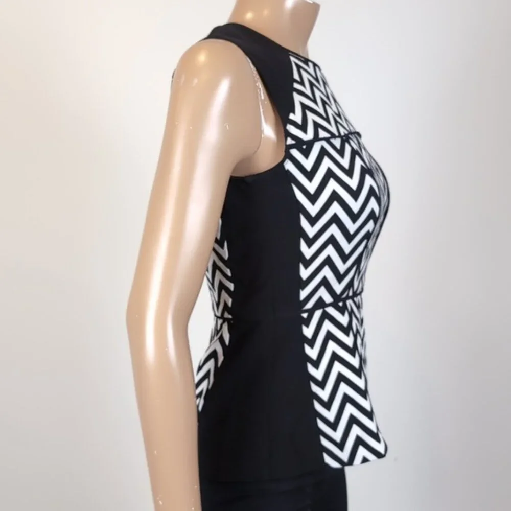 H&M Chevron Print Sleeveless Peplum Top Ponte Fitted Stretch Black White Party - Picture 10 of 11